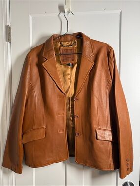 Classic Women's Leather Blazer Jacket — Cognac Brown